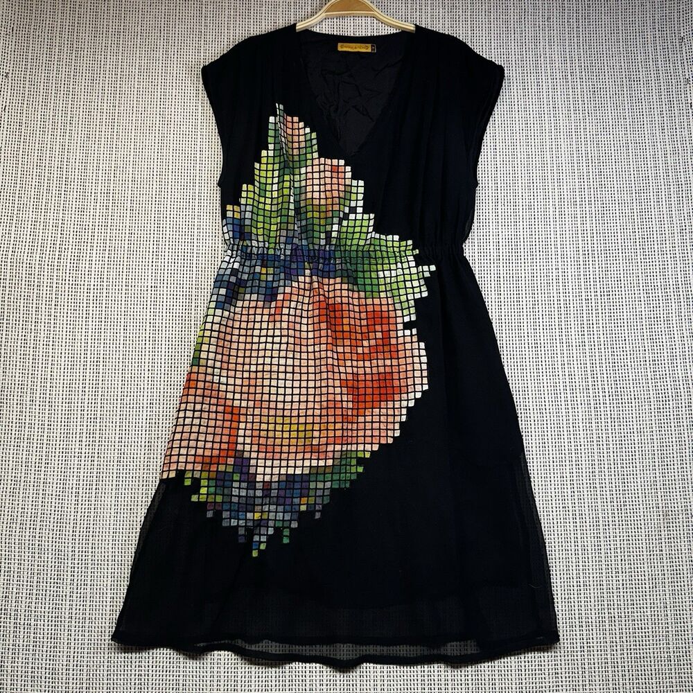 Pankaj & Nidhi Pixelated Fleur Dress M Black Floral Mosaic Anthropologie Midi